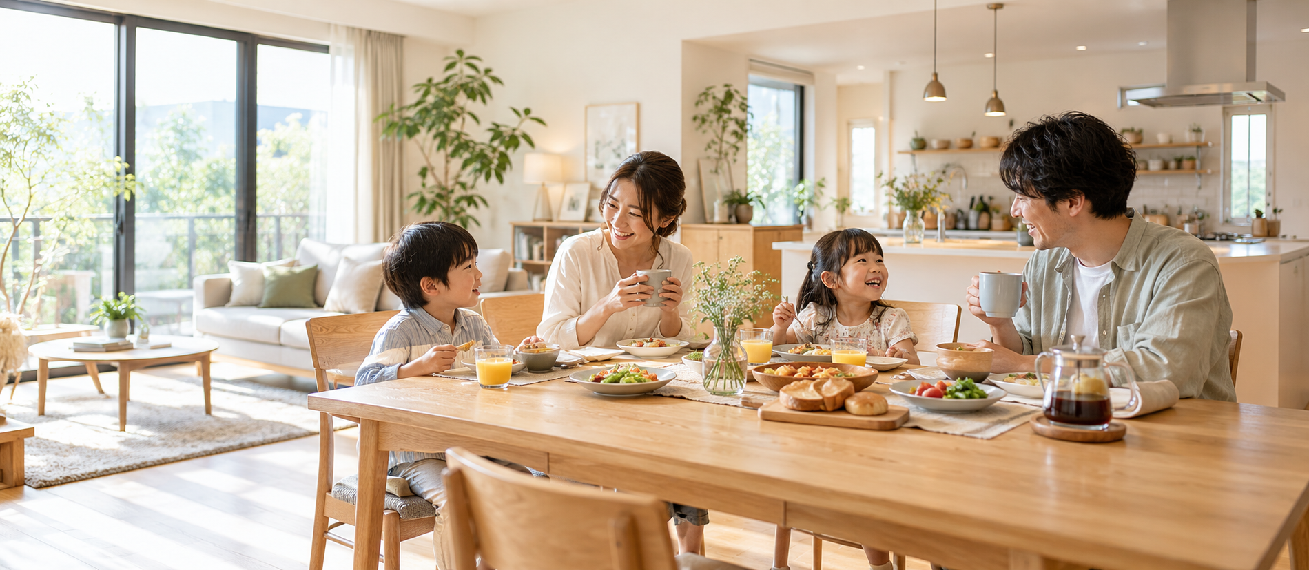 明るいリビングダイニングで家族が朝食を楽しむ暮らしのイメージ